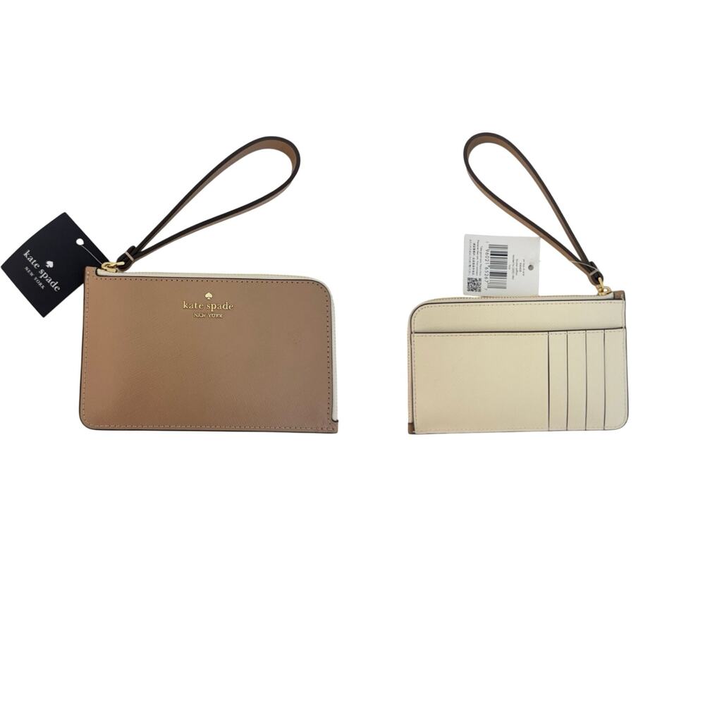 Kate Spade Lucy Bicolor Small L-Zip Wristlet Wallet Toasted Hazelnut Leather